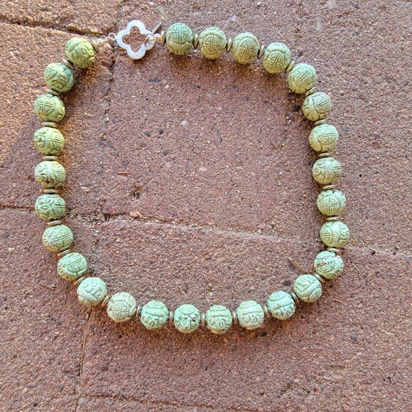 Absolutely stunning RARE Chinese natural green turquoise carved shou beads sterl - Picture 12 of 16